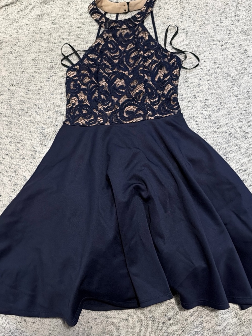 B Darlin Navy and Nude Lace Halter Fit-and-Flare Prom Dress